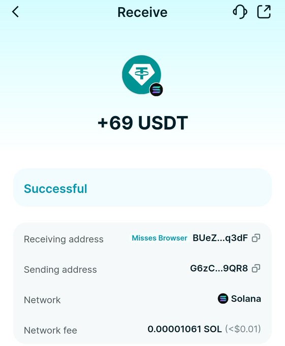 Cryptocurrency wallet screenshot showing a successful receipt of +69 USDT on the Solana network with a network fee of 0.00001061 SOL.