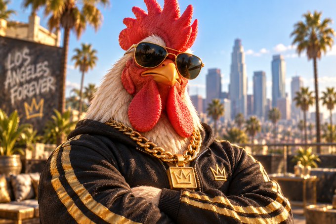 An AI-generated image shows a rooster wearing sunglasses, a gold chain, and a black tracksuit with crown logos, standing in front of a 'LOS ANGELES FOREVER' sign with the LA skyline in the background.