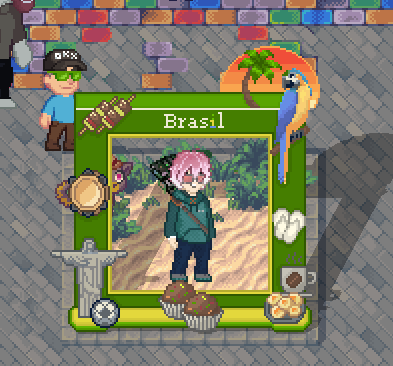 A pixel art game scene displays a green frame labeled 'Brasil' featuring a character with pink hair, surrounded by decorative icons including a parrot, palm tree, Christ the Redeemer statue, and a Lego-style minifigure.