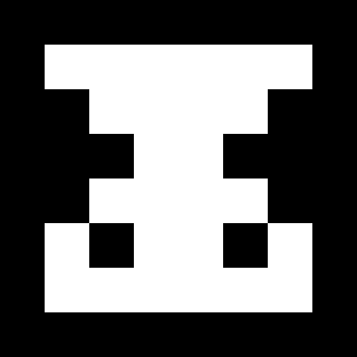 A simple black-and-white pixel art image showing a blocky, symmetrical shape on a black background.