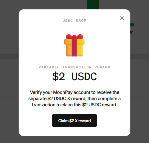 A pop-up notification for a "USDC DROP" shows a $2 USDC "VARIABLE TRANSACTION REWARD" tied to MoonPay, with a button to "Claim $2 X reward." The image illustrates the post's mockery of MoonPay's hyped airdrop, which delivered only a disappointing $2 instead of the substantial payout users were led to expect.