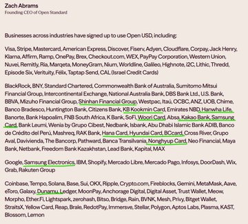 The image displays a long list of over 140 corporate partners of Open Standard (OUSD) accepting USD, featuring major financial institutions like Visa, Stripe, Mastercard, and various banks worldwide, including prominent Korean companies such as Woori Card, Hana Card, Kakao Bank, Samsung, and Hyundai. Notably, it also includes cryptocurrencies like Bitcoin and Ethereum, suggesting the list conflates traditional finance partners with crypto entities.

The image relates to the post by highlighting the extensive list of "partners" backing OUSD, which the post questions because many listed Korean companies allegedly had no official discussions about the partnership, suggesting the list may not represent genuine, confirmed collaborations.