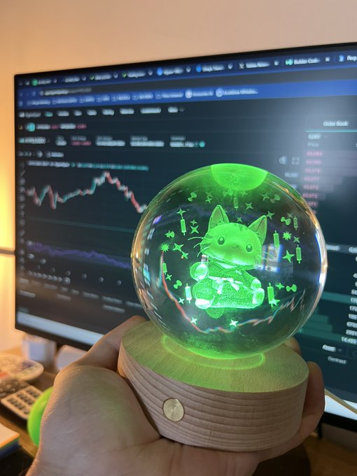 A hand holds a glowing green crystal ball featuring an etched cat design, set against the backdrop of a computer monitor displaying stock charts.