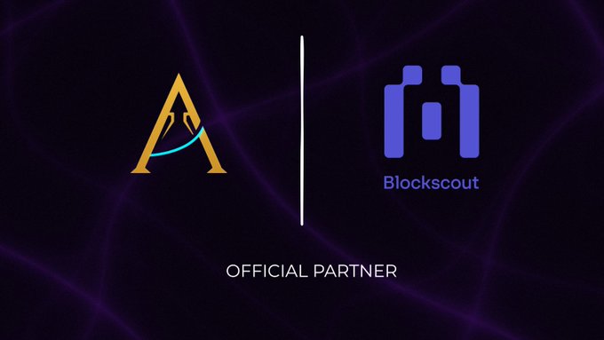A graphic displaying an 'OFFICIAL PARTNER' announcement between a gold 'A' logo and the purple 'Blockscout' logo on a dark background with purple network lines.