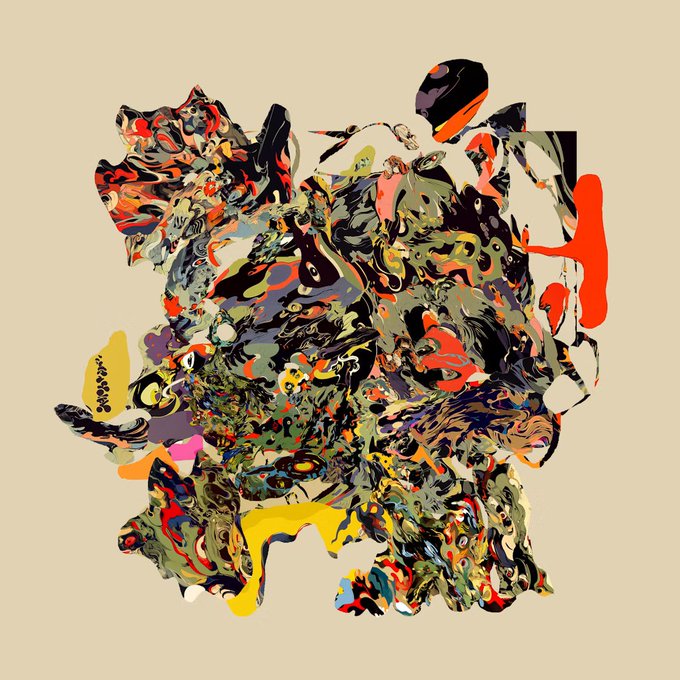 An abstract digital artwork featuring a chaotic, marbled composition with swirling patterns in colors including yellow, red, black, blue, and beige against a cream-colored background.