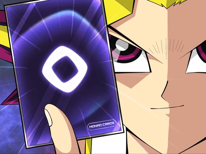 An anime scene showing a character with spiky blonde hair and purple eyes holding up a glowing purple card with a white diamond shape, labeled 'MONAD CARD'.