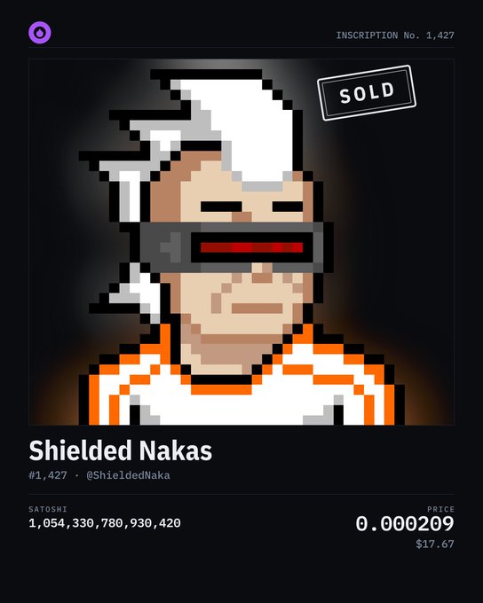 A digital artwork NFT titled 'Shielded Nakas' (#1,427) featuring a pixel art character with white hair and a red visor, marked as SOLD for 0.000209 SATOSHI.