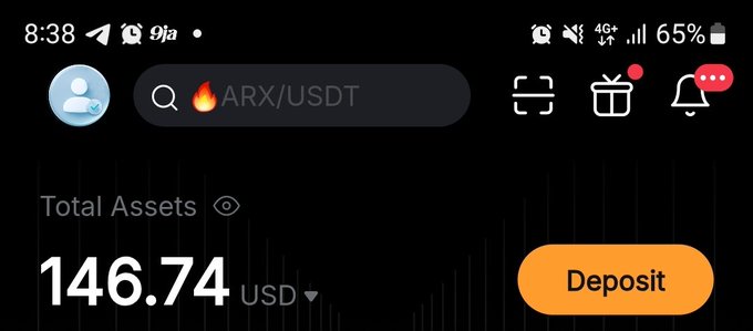 A screenshot of a Bybit account dashboard showing a total balance of **146.74 USD** alongside a search bar displaying the **ARX/USDT** trading pair, visually confirming the "close $150" payout mentioned in the caption. The dark-themed interface with its prominent "Deposit" button ties directly to the post's theme of crypto earnings rescuing the user's weekend after losing X monetization.