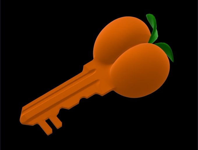 An orange key-shaped figure with green leaves at the top, symbolizing the crypto user "Orange" and the ".key" or "penny" gifted for their birthday.