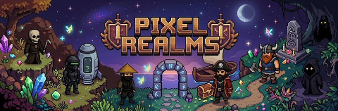 A pixel art banner for "PIXEL REALMS" showing various fantasy characters including a grim reaper, ninja, pirate, and viking, along with a portal, treasure chest, and gravestones in a nighttime landscape.