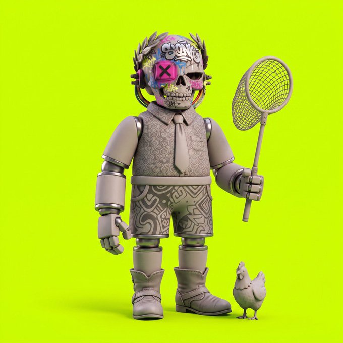 A 3D-rendered robot figure with a graffiti-covered skull head wearing headphones holds a butterfly net, standing next to a small chicken against a bright yellow-green background.
