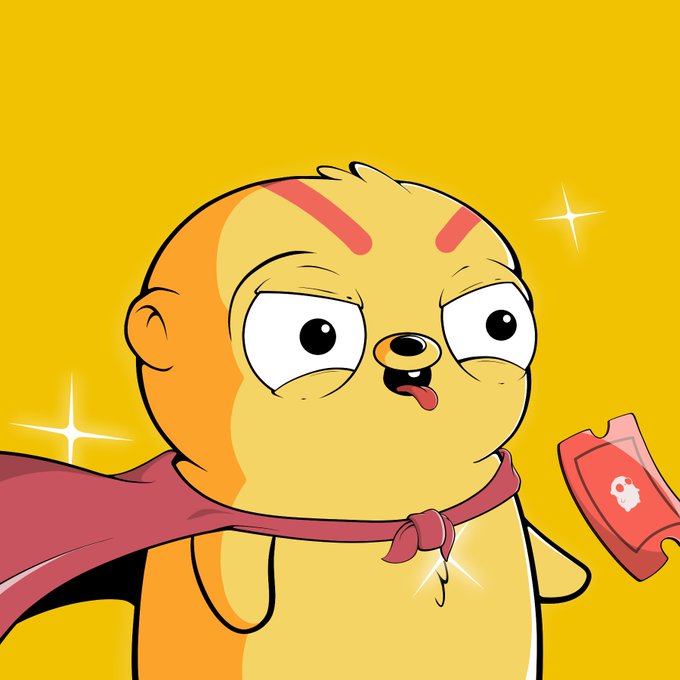 A cartoon yellow character with red eyebrows, wearing a red cape and tied neckerchief, sticking out its tongue while holding a red packet with a skull symbol on it.