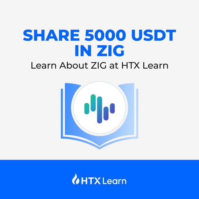 A blue banner has text that says "HTX Learn & Earn! Share $5000 in rewards" at the top, accompanied by an image of an open book with a white cover and blue and green colors. Below this, there's a form with text asking for a person's name or email address. The post suggests that the viewer should fill out the form to learn about ZIG at HTX, with the potential to win $50000 in rewards if they succeed.