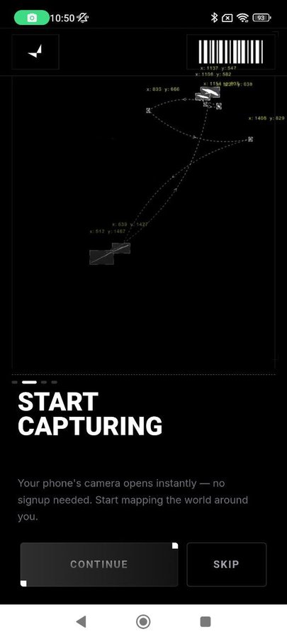A mobile app screenshot titled 'START CAPTURING' displays a map interface with dotted lines and coordinates, with options to 'CONTINUE' or 'SKIP'.