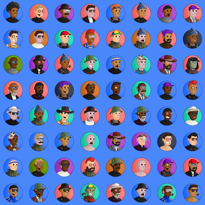 A grid of 64 cartoon character avatars arranged in 8 rows on a blue background, featuring various stylized figures with different hats and appearances.