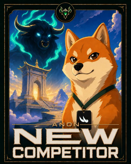An anime-style graphic featuring an orange Shiba Inu dog wearing a black collar with a logo, set against a background of a glowing temple and a dark horned creature with blue flames, titled 'NEW COMPETITOR' with 'ANON' written above.