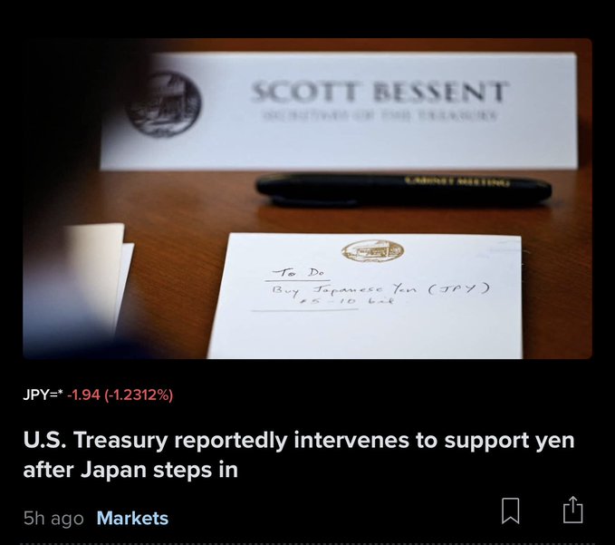 A screenshot of a news article with a photo of a 'SCOTT BESSENT, SECRETARY OF THE TREASURY' name card, a pen, and a handwritten note saying 'To Do Buy Japanese Yen (JPY)', with the headline 'U.S. Treasury reportedly intervenes to support yen after Japan steps in' and a JPY= chart showing -1.94 (-1.2312%).