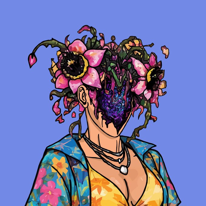 A stylized digital illustration of a figure with a face obscured by a dark purple mask, adorned with pink flowers and green foliage growing from their head, wearing a colorful patterned shirt and layered necklaces against a blue background.