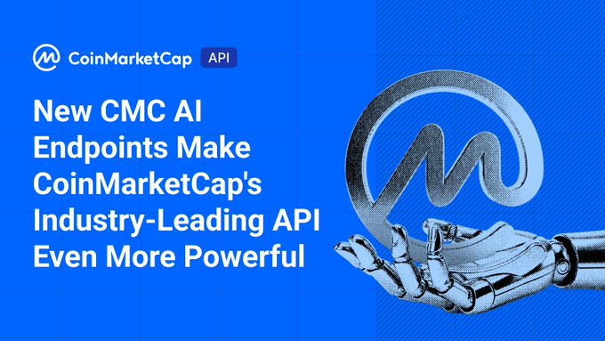A CoinMarketCap API promotional graphic featuring a robotic hand holding the CoinMarketCap logo, with text announcing "New CMC AI Endpoints Make CoinMarketCap's Industry-Leading API Even More Powerful," visually representing the integration of AI capabilities into their data API.