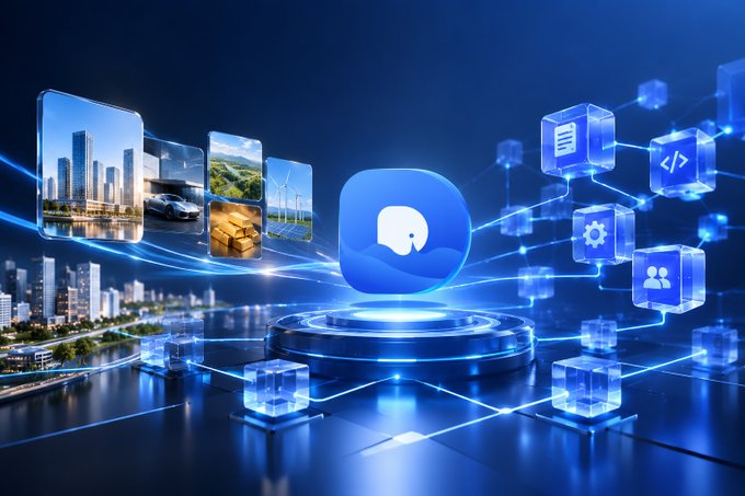 A digital illustration depicting a central app icon, a city skyline, and floating cubes connected by glowing blue network lines, representing technological connectivity.