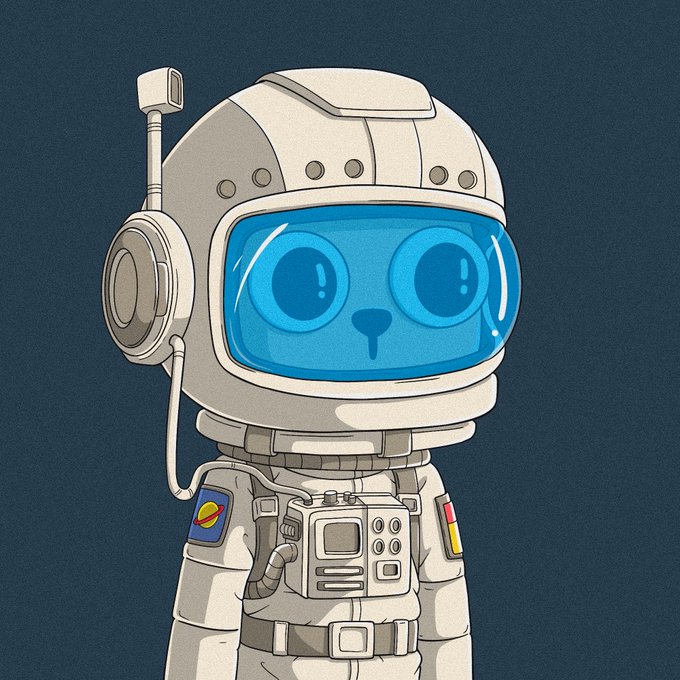 An illustrated cartoon astronaut with a blue helmet visor stands against a dark blue background, wearing a white spacesuit with various mission patches.