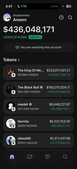 A screenshot of a portfolio tracking app shows the @solpromise "Ansem" account with a total balance of $436,048,171, having gained $204,914,886 (+88.66%). The portfolio's largest holding, "The King Of Me..." at $233,817,407.21, accounts for the bulk of the gains, supporting the post's claim about Ansem being up $200M on a single coin.