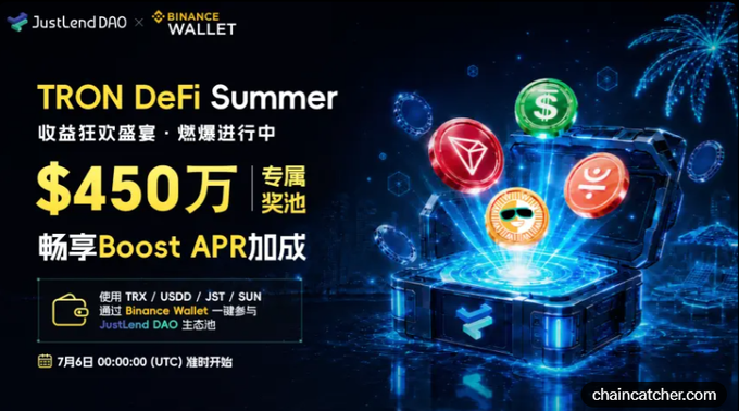 A promotional banner for 'JustLend DAO x Binance Wallet' advertising a 'TRON DeFi Summer' event with a $4.5 million prize pool and boosted APR for using TRX, USD, JST, and SUN, starting July 6th.