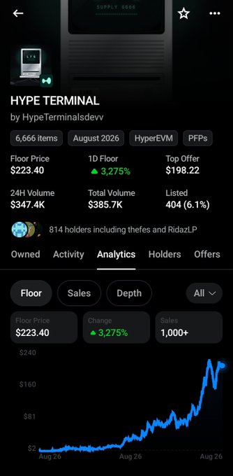 A mobile app screen displays analytics for the 'HYPE TERMINAL' NFT collection by HypeTerminalsdevv, showing a Floor Price of $223.40 and a percentage increase of 3,275% above a blue line chart.