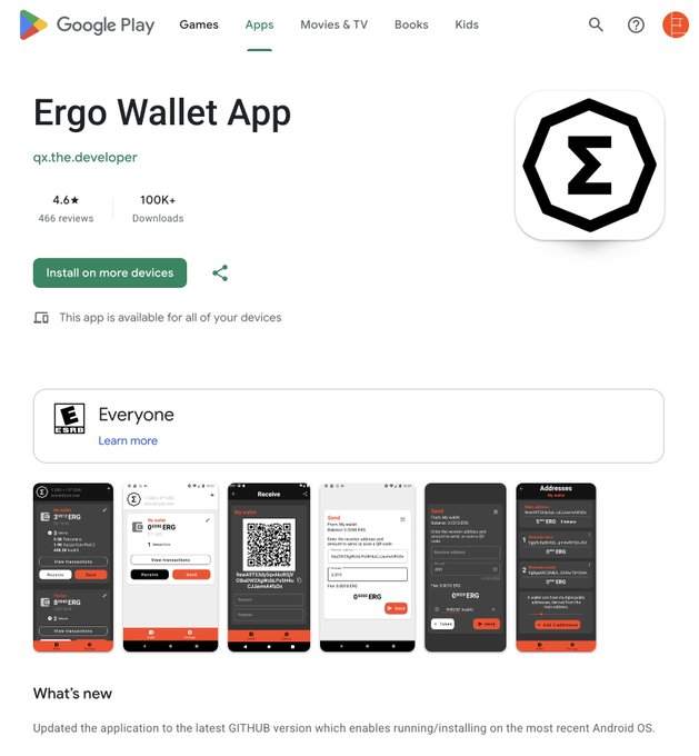 The image shows a screenshot of a Google Play Store page for an app called "Ergo Wallet App". The title of the app is displayed, along with its version number. The main content of the image focuses on the first milestone reached by the app's release, which is that it has been updated to work on newer Android versions. This update allows for the installation of the app in various devices and operating systems.
