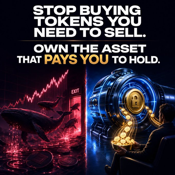 An advertisement graphic reading 'STOP BUYING TOKENS YOU NEED TO SELL. OWN THE ASSET THAT PAYS YOU TO HOLD,' contrasting a red chart with whales exiting against a vault pouring gold coins.