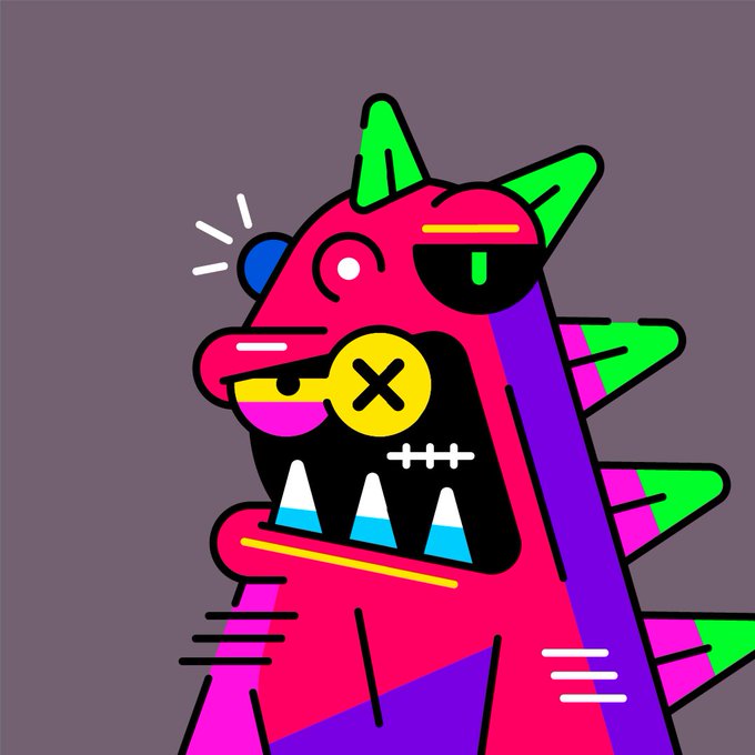 A vibrant cartoon illustration features a stylized pink and purple creature with green spikes, glowing eyes, and sharp teeth, accented by bold geometric shapes and bright colors against a gray background. The edgy, rebellious aesthetic of the artwork complements the post's invitation to join an exclusive community of 188 special edition PFP holders, visually representing the bold and unique nature of the NFT movement being promoted.
