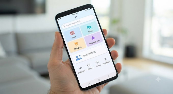 A hand holding a smartphone displaying a browser start page with categories like News, Social, Shopping, and Entertainment, along with an 'INVITE PEOPLE' button.