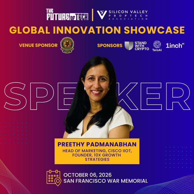 A promotional poster for 'The Future of AI' Global Innovation Showcase featuring speaker Preethy Padmanabhan, Head of Marketing at Cisco IIoT and Founder of 10X Growth Strategies, at San Francisco War Memorial on October 06, 2026.