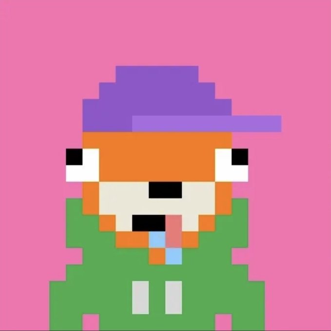 A pixel art illustration of an anthropomorphic orange and white fox wearing a purple baseball cap, green hoodie, and gold chain with a blue pendant, set against a pink background.