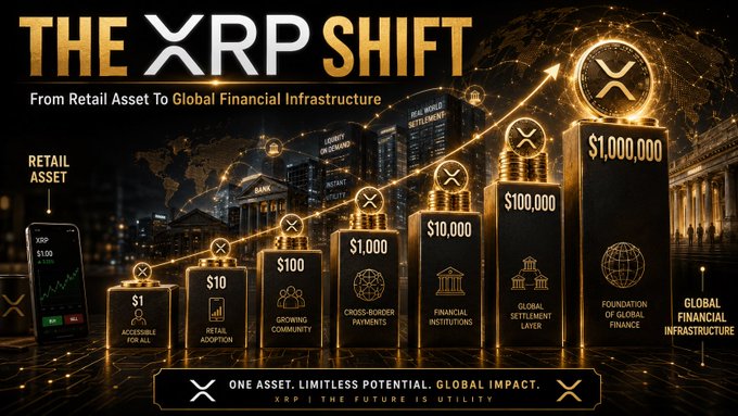 The image depicts "THE XRP SHIFT" from a retail asset to global financial infrastructure, illustrating price milestones from $1 to $1,000,000 with associated concepts like accessibility, retail adoption, and global finance. This visual supports the explanation that XRP's true value progression involves exponential leaps, not linear steps.