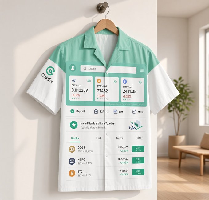 A green and white Hawaiian-style shirt featuring a CoinEx cryptocurrency exchange interface design with crypto pairs like CETUSDT, BTCUSDT, and ETHUSDT, hanging on a wooden hanger in a sunlit room.