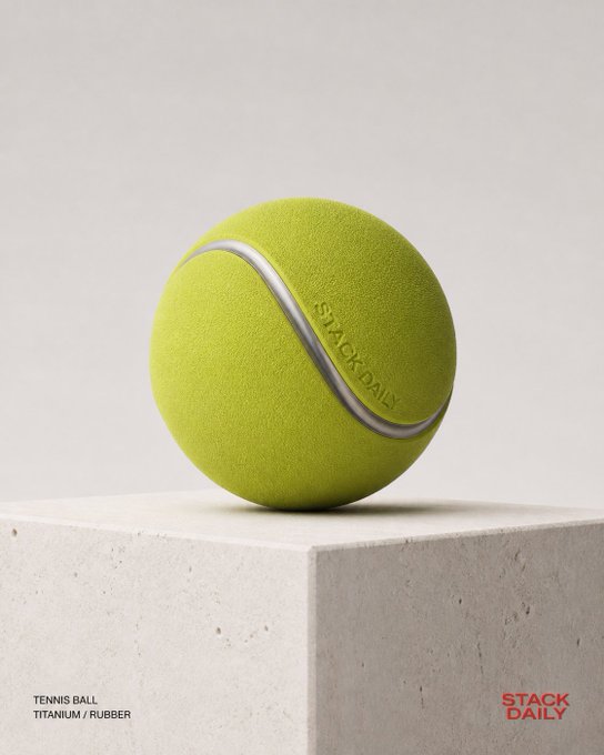 A 3D render shows a neon green tennis ball with a metallic seam, labeled "STACK DAILY," "TENNIS BALL," and "TITANIUM / RUBBER," displayed on a concrete pedestal.