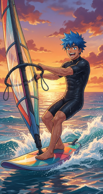 A blue-haired anime-style man windsurfs across ocean waves at sunset, gripping the colorful sail with a determined smile, echoing the post's theme of riding momentum toward healthier habits and value creation in crypto and wellness.