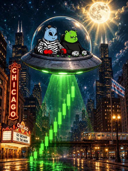 An AI-generated illustration shows two cartoon bears in a UFO abducting a green stock chart over the Chicago skyline at night, with marquees reading 'CHICAGO' and 'GO SUGARAND TO THE MOON'.
