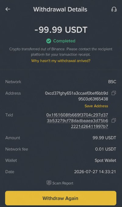 A Binance withdrawal receipt screenshot showing a completed -99.99 USDT transaction on the BSC network to address 0xcd37fghy651a3ccaaf0bef6bb9d... with a network fee of 0.01 USDT, used as "proof" to support a giveaway claim of sending $100 to active supporters.