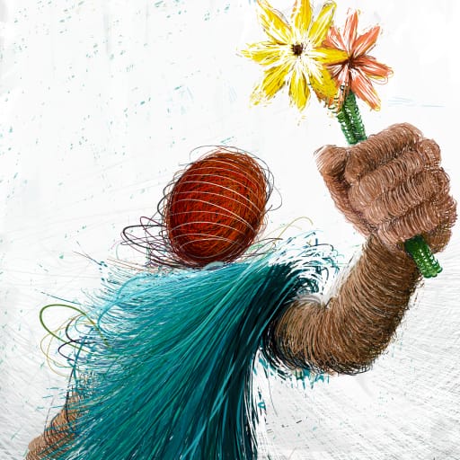 A vibrant, stylized digital illustration depicts a figure with a wire-scribbled red head and teal hair holding up a fist clutching yellow and pink flowers.