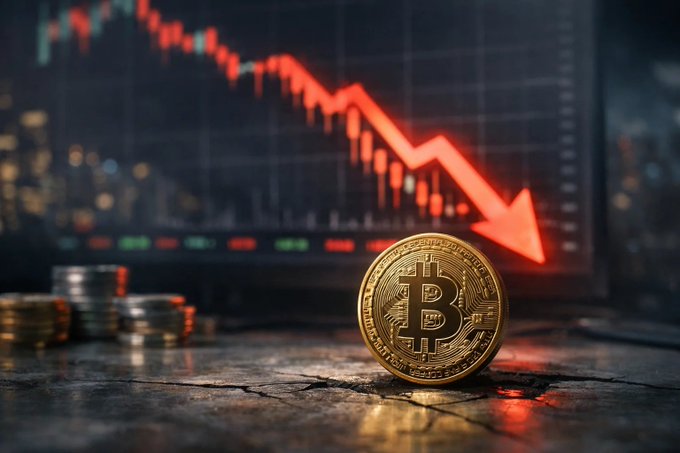 The focus of this image is a close-up view of a gold Bitcoins sitting on a dirty surface surrounded by various coins, with an accompanying chart or graph displaying an economic downturn or decrease shown in red shading against a black background.