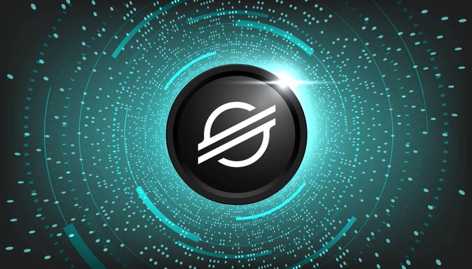 A digital graphic displays a black circular coin with a white 'S' symbol (similar to the Stellar cryptocurrency logo) set against a glowing teal background with concentric technological rings and dots.