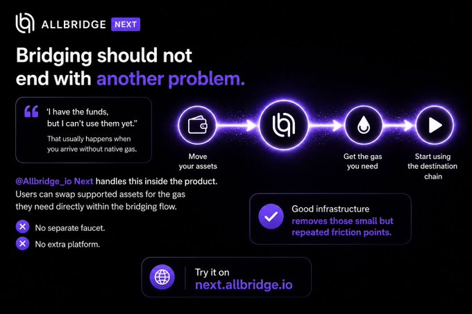 A promotional graphic for Allbridge Next explains that bridging shouldn't end with another problem, showing a flow diagram where users move assets, get gas, and start using the destination chain, with the URL next.allbridge.io.
