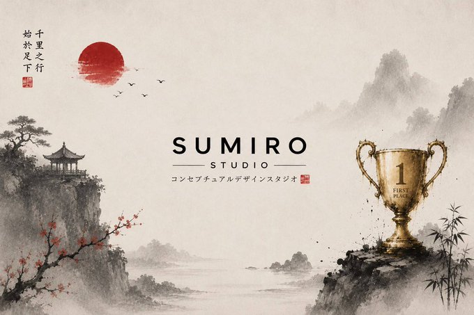 The image showcases a conceptual design studio branding featuring "SUMIRO STUDIO" text alongside a golden "1st First Place" trophy, Japanese calligraphy, and traditional ink-wash mountain scenery with a red sun. It serves as the winning announcement graphic for the post's 1st Place recipient, @revenuelogicpro, who receives a full package including an MVP, branding, and pitch deck.