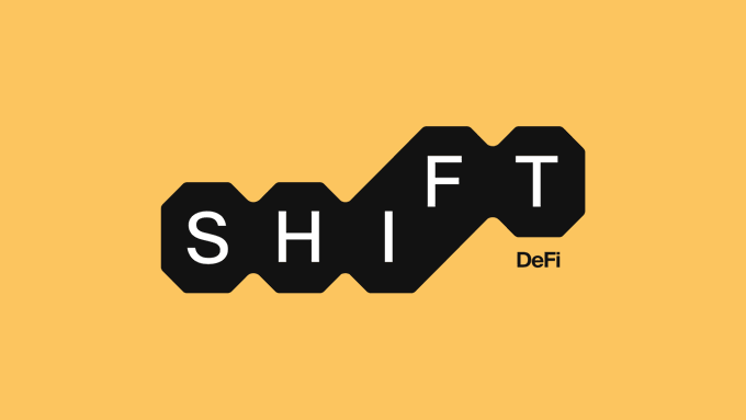 Logo for SHIFT DeFi on a yellow background.