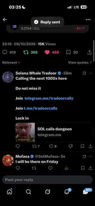 A screenshot of an X (Twitter) post from 'Solana Whale Tradoor' promoting Telegram calls at telegram.me/tradoorcalls and telegram.me/tradoorcalls, dated 08/10/2026 with 15K views, showing engagement metrics of 419 comments, 369 retweets, and 459 likes.