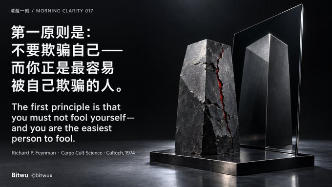 A graphic featuring a cracked dark stone monolith with a quote by Richard P. Feynman from Caltech, 1974, reading 'The first principle is that you must not fool yourself—and you are the easiest person to fool,' with Chinese translation above and 'Bitwu @bitwux' branding.