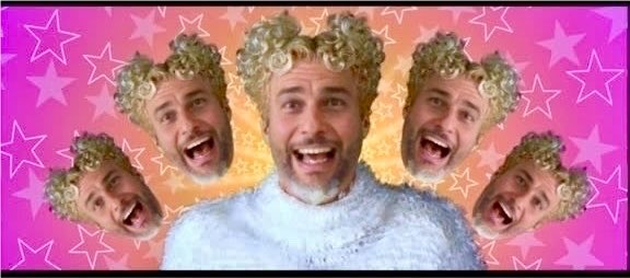A comedic meme featuring a man with curly hair wearing a fuzzy light blue sweater, with five identical copies of his laughing head arranged around him against a pink starry background.