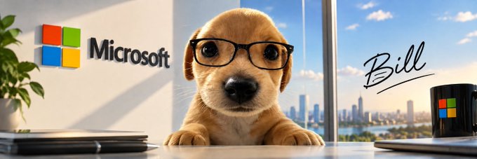 A cute puppy wearing black-rimmed glasses sits at a desk featuring the Microsoft logo, with the signature "Bill" visible in the background, promoting the $BILL cryptocurrency token tied to $MSFT. The image creatively personifies the token as a "dog that works at Microsoft" as mentioned in the accompanying post.